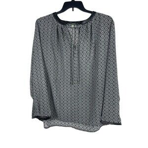 Rose & Olive 3X Black White Geometric Print Blouse Faux Leather Trim Semi Sheer